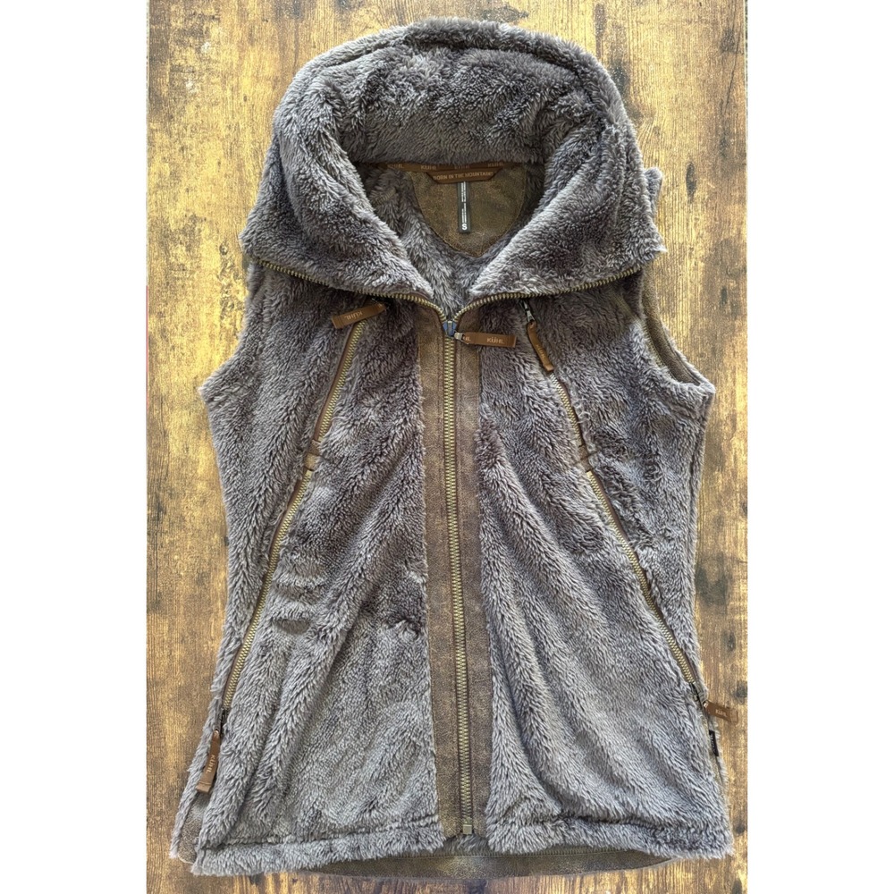 Kuhl Flight Vest Womens Small Grey Fleece Full Zip Stowaway Hood